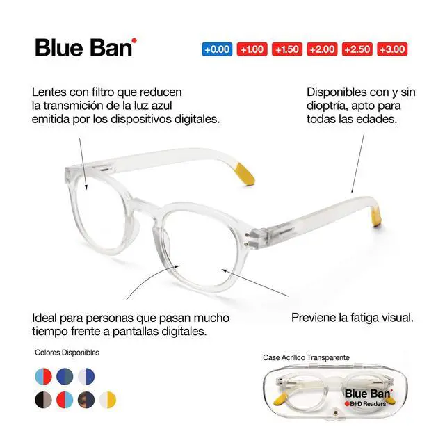 Alt view image 5 of 5 - B + D Reading glasses - Brand Blue Ban Readers - Material Frame and temple: PC - Temples with flex - Blue Light filter lenses - Ligth Blue Color - +1.00
