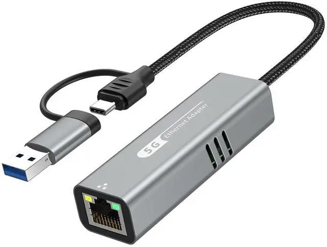 Main image of 5G USB 3.2 Ethernet Adapter with RTL8157, 2-in-1 USB-A/Type-C to 5Gbps Network Card RJ45 LAN Converter for PC Laptop Windows Mac OS Linux(5Gbps Need Type-C > 3.2)