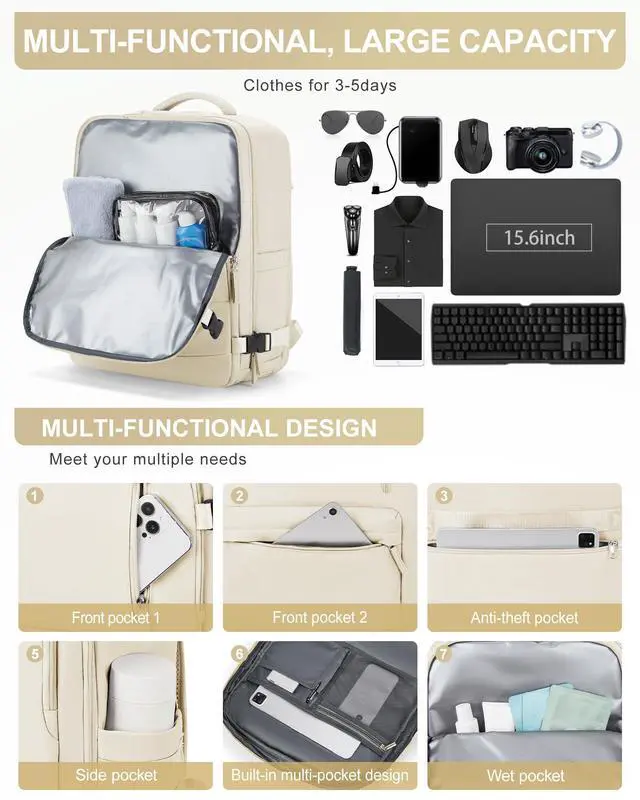 Alt view image 5 of 5 - winspansy Large Storage Vacuum Compression Travel Backpack Seal Bags with Pump Clothing 18x14x8 Inches Personal Item Work Carry on Business Vacpack College Laptop Backpack for Women Men Beige