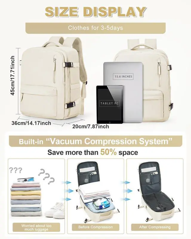 Alt view image 4 of 5 - winspansy Large Storage Vacuum Compression Travel Backpack Seal Bags with Pump Clothing 18x14x8 Inches Personal Item Work Carry on Business Vacpack College Laptop Backpack for Women Men Beige