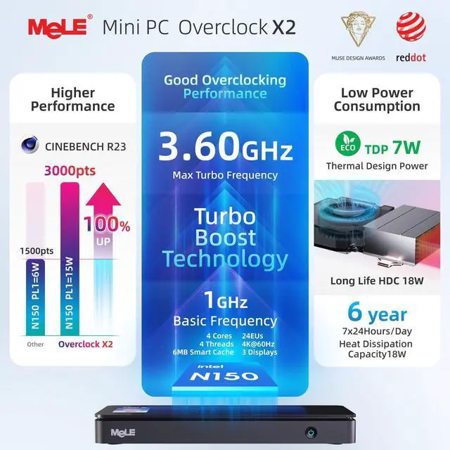 Alt view image 3 of 5 - MeLE Overclock4C N150 Mini PC (up to 3.6GHz 4C/4T) 8GB DDR4 256GB Micro Desktop Computer, 4K Triple Display, All-in-one USB-C, USB3.2/WiFi/BT/Ethernet on Business Home Office