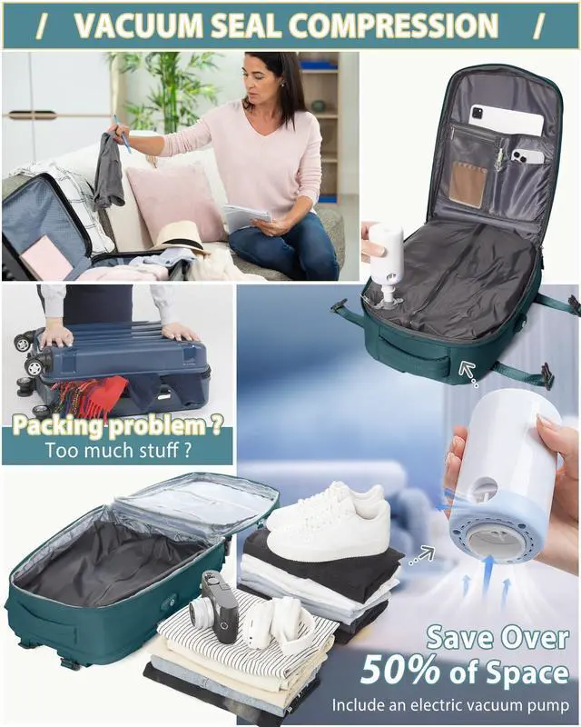 Alt view image 3 of 5 - Vacuum Travel Backpack for Women Men Seal Compression Air Vacpack with Pump laptop Compression Bags with Shoe Compartment Flight Approved Personal item Travel Bag Carrry on Luggage Peacock Blue