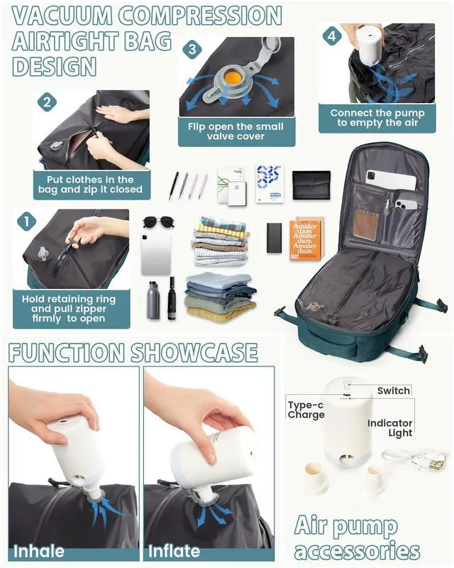 Alt view image 5 of 5 - Vacuum Travel Backpack for Women Men Seal Compression Air Vacpack with Pump laptop Compression Bags with Shoe Compartment Flight Approved Personal item Travel Bag Carrry on Luggage Peacock Blue