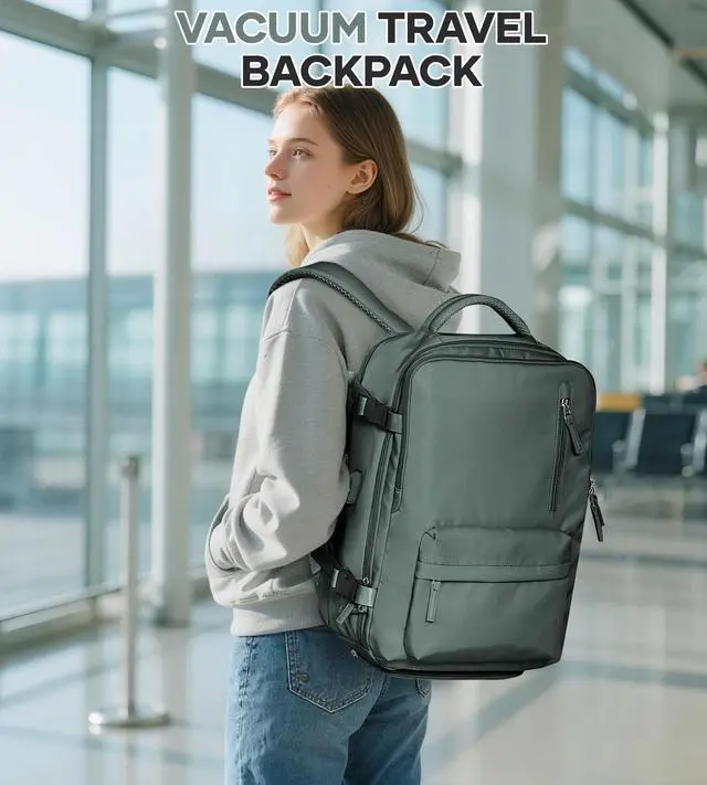 Alt view image 2 of 5 - VENATIN Vacuum Backpack Travel with Pump for Women,Large Travel Backpack with Vacuum System,Personal Item Travel Bag 18x14 x 8 Inches,Water Resistant Business Work Laptop Backpack for Men,Army Green