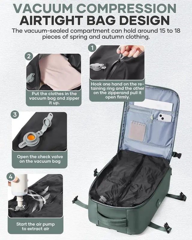 Alt view image 3 of 5 - VENATIN Vacuum Backpack Travel with Pump for Women,Large Travel Backpack with Vacuum System,Personal Item Travel Bag 18x14 x 8 Inches,Water Resistant Business Work Laptop Backpack for Men,Army Green