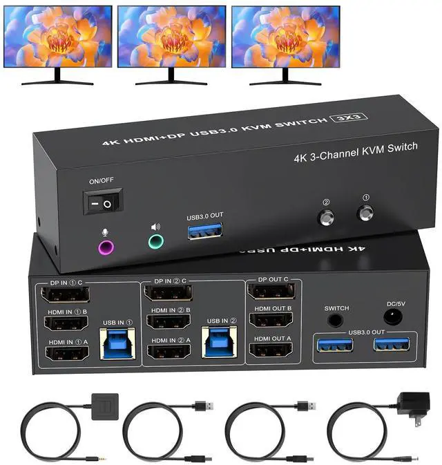 Main image of 4K KVM Switch 3 Monitors 2 Computers Triple Monitor Displayport and 2 HDMI USB 3.0 KVM Switches 4K@60Hz,Support Extended/Mirror Mode Share 3 USB 3.0 Ports with Desktop Controller, Adapter Included