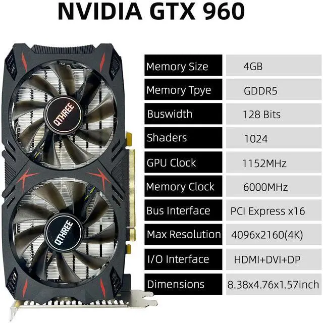 Alt view image 2 of 5 - QTHREE Geforce GTX 960 4GB Graphics Card, GDDR5 128-bit, DP, HDMI, DVI, Video Card for PC, Computer GPU, PCI Express x16