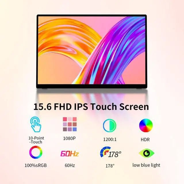 Alt view image 3 of 5 - DAMRAPT Portable Monitor Touchscreen 15.6" 1080P 10-Point Touch Screen, Travel Monitor with Protective Sleeve & Built-in Stand, HDMI USB C External Screen for Laptop, PC