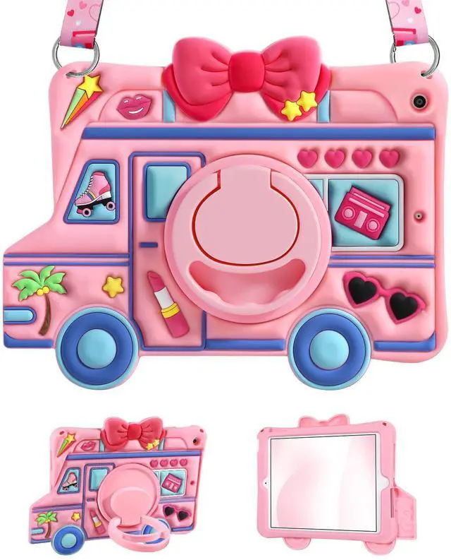 Main image of LISEVO for iPad 9th/8th/7th Generation Case - for Girls Cute Girly Kawaii 3D Cartoon Design with Rotating Stand Handle & Shoulder Strap Silicone Cases for iPad 7/8/9th Gen 2019 2020 2021 10.2 Inch