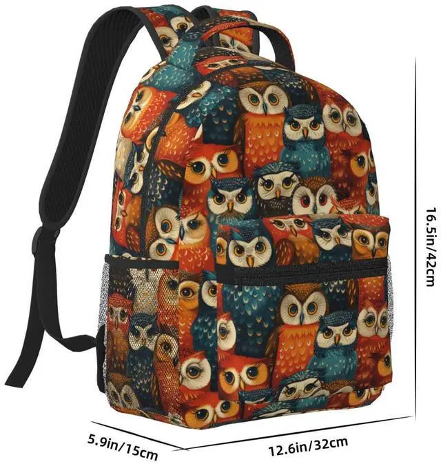 Alt view image 3 of 5 - Colorful Owl Backpack, School Laptop Travel Polyester Whimsical Owls Backpacks for Women Kids, Sports Work Back Pack Casual Daypack, Lightweight Rucksack Gifts for Hiking Camping Gym