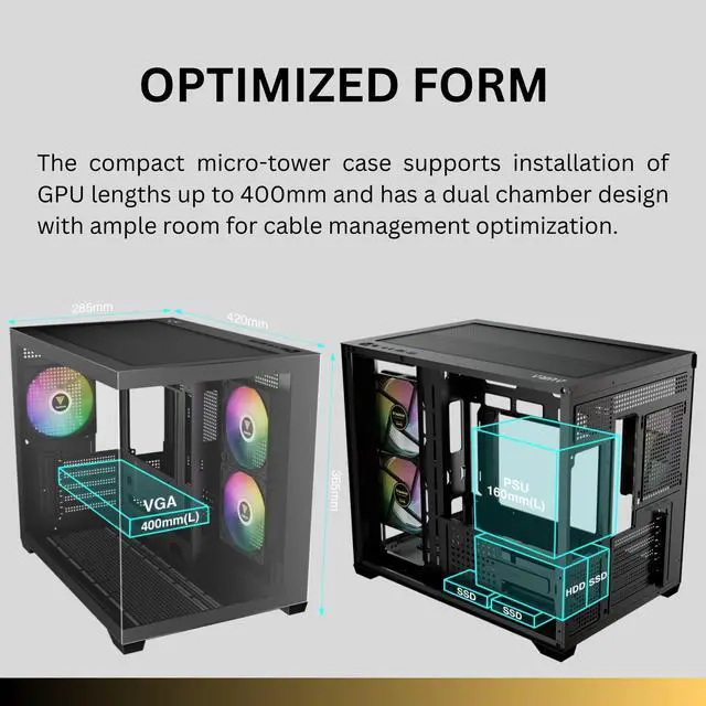 Alt view image 3 of 5 - GAMDIAS Micro-ATX Tower Computer Case with Tempered Glass, Gaming M-ATX PC Case with 3X 120mm ARGB Fans, Support Up to 9X Fans Airflow, 360mm AIO/Radiator, 400mm GPU/VGA, 165mm CPU Cooler, 160mm PSU