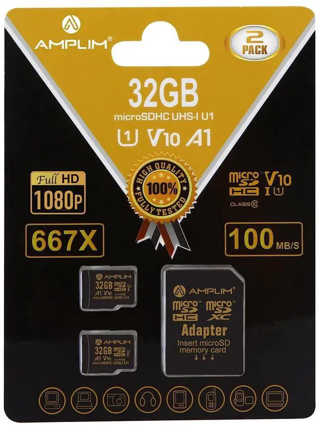 Main image of Amplim 32GB Micro SD Card, 2 Pack MicroSD Memory Plus Adapter, MicroSDHC Class 10 UHS-I U1 V10 TF Extreme High Speed Switch, Raspberry Pi, Phone Galaxy, Camera Cam, Tablet, PC