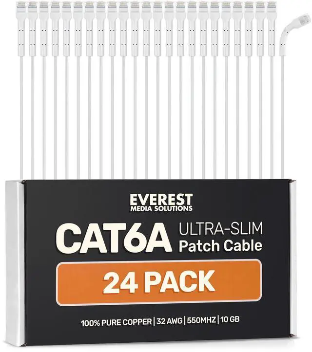 Main image of Everest Ultra Slim Cat6a Ethernet Patch Cables 2ft (24-Pack) White - 10GB Cat 6a Patch Cable - Bendable, Flexible & Thin Ethernet Cable - Space Saving 32AWG 550MHZ Cat6a Cables - 100% Copper Wires