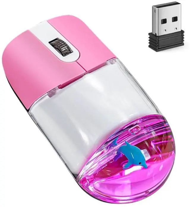 Main image of Wireless Mouse Cute Pink Aqua Water Mice Aesthetic Clear Silent Optical Portable Lightweight Retro Mice for PC Laptop Computer MacBook Kids Girl Women Gift with Liquid Water Section & Floater Dolphin