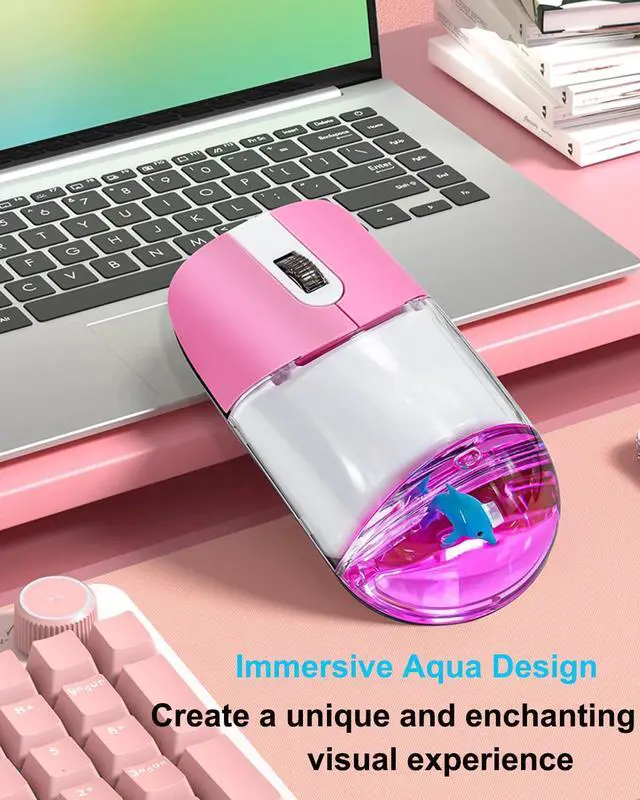 Alt view image 3 of 5 - Wireless Mouse Cute Pink Aqua Water Mice Aesthetic Clear Silent Optical Portable Lightweight Retro Mice for PC Laptop Computer MacBook Kids Girl Women Gift with Liquid Water Section & Floater Dolphin