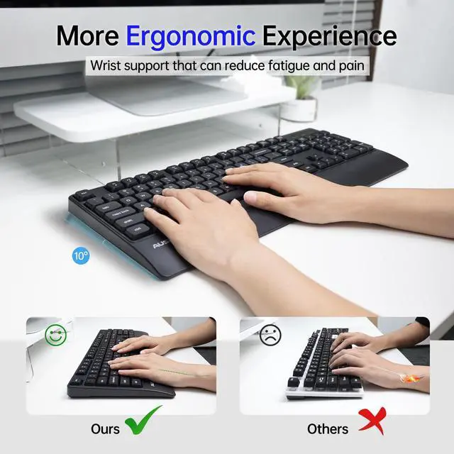 Alt view image 2 of 5 - AUSDOM Wireless Keyboard and Mouse Combo, 2.4Ghz Ergonomic Silent Keyboard Mouse, Full-Sized Cordless Membrane Keyboard with Palm Rest for Windows, Mac, PC, Laptop, Adjustable DPI Mouse, USB Receiver