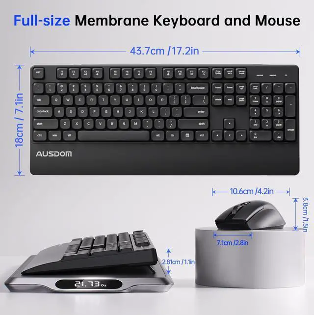 Alt view image 5 of 5 - AUSDOM Wireless Keyboard and Mouse Combo, 2.4Ghz Ergonomic Silent Keyboard Mouse, Full-Sized Cordless Membrane Keyboard with Palm Rest for Windows, Mac, PC, Laptop, Adjustable DPI Mouse, USB Receiver
