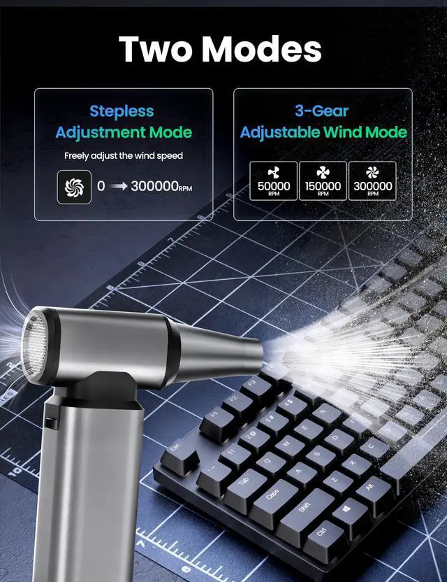 Alt view image 3 of 5 - Compressed Air Duster-300000RPM Super Power Cordless Electric Air Duster, Stepless Adjustment & 3-Gear Adjustable Rechargeable Brushless Motor Air Blower for Computer, Keyboard, House, Outdoor and Car