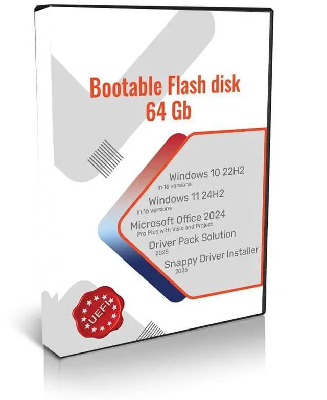 Main image of 64GB Bootable USB Flash Drive with Win 10/11 22H2/24H2, Office 2024, Driver Pack Solution 2025