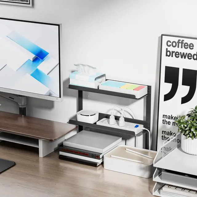 Alt view image 2 of 5 - Delamu Under Desk Cable Management Double Tray, Metal Mesh Cord Organizer with U Clamp Mount, Adjustable Hole Cable Tray with Wire Management, Cable Raceway for Home Office Standing Desk