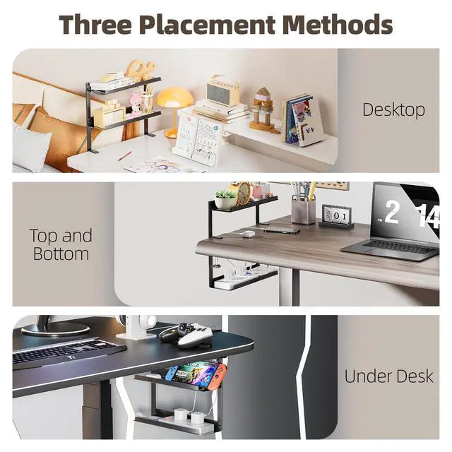 Alt view image 3 of 5 - Delamu Under Desk Cable Management Double Tray, Metal Mesh Cord Organizer with U Clamp Mount, Adjustable Hole Cable Tray with Wire Management, Cable Raceway for Home Office Standing Desk