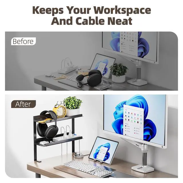 Alt view image 4 of 5 - Delamu Under Desk Cable Management Double Tray, Metal Mesh Cord Organizer with U Clamp Mount, Adjustable Hole Cable Tray with Wire Management, Cable Raceway for Home Office Standing Desk