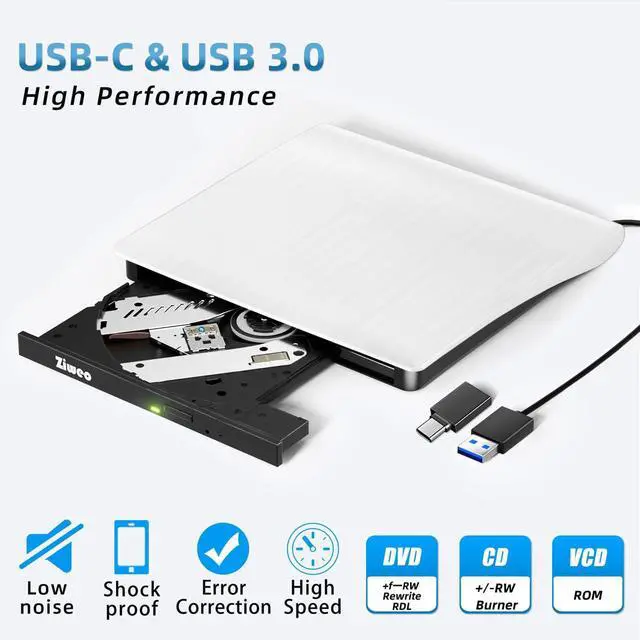 Alt view image 2 of 5 - Ziweo External DVD Drive USB 3.0 Type-C Portable CD DVD +/-RW Drive for Laptop DVD Player CD ROM Rewriter Burner Compatible with Laptop Desktop PC Windows MacBook Mac Linux Mac OS Upgrade White
