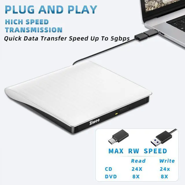 Alt view image 3 of 5 - Ziweo External DVD Drive USB 3.0 Type-C Portable CD DVD +/-RW Drive for Laptop DVD Player CD ROM Rewriter Burner Compatible with Laptop Desktop PC Windows MacBook Mac Linux Mac OS Upgrade White