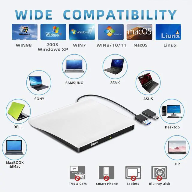Alt view image 4 of 5 - Ziweo External DVD Drive USB 3.0 Type-C Portable CD DVD +/-RW Drive for Laptop DVD Player CD ROM Rewriter Burner Compatible with Laptop Desktop PC Windows MacBook Mac Linux Mac OS Upgrade White