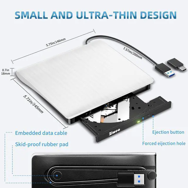 Alt view image 5 of 5 - Ziweo External DVD Drive USB 3.0 Type-C Portable CD DVD +/-RW Drive for Laptop DVD Player CD ROM Rewriter Burner Compatible with Laptop Desktop PC Windows MacBook Mac Linux Mac OS Upgrade White