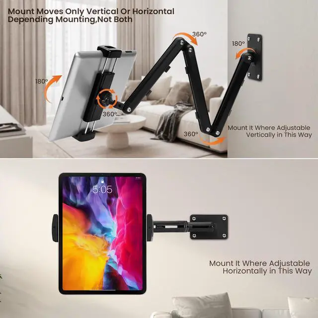 Alt view image 2 of 5 - Tablet Wall Mount Holder for ipad,Portable Monitor Stand Holder for 15.6''Max,Aluminum Alloy 3 Arms,Extend Long and Foldable Tablet Mount,Work for 4.7''-12.9" Max iPad,Kindle