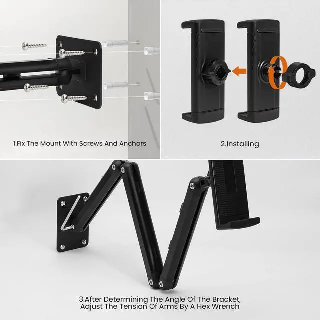 Alt view image 5 of 5 - Tablet Wall Mount Holder for ipad,Portable Monitor Stand Holder for 15.6''Max,Aluminum Alloy 3 Arms,Extend Long and Foldable Tablet Mount,Work for 4.7''-12.9" Max iPad,Kindle
