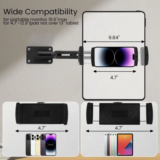 Alt view image 3 of 5 - Tablet Wall Mount Holder for ipad,Portable Monitor Stand Holder for 15.6''Max,Aluminum Alloy 3 Arms,Extend Long and Foldable Tablet Mount,Work for 4.7''-12.9" Max iPad,Kindle