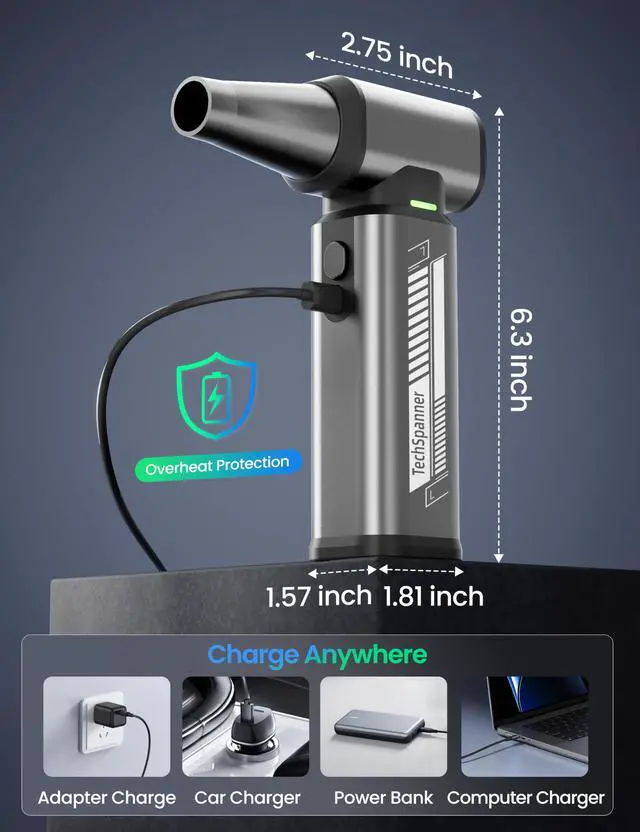 Alt view image 2 of 5 - Compressed Air Duster-300000RPM Super Power Cordless Electric Air Duster, Stepless Adjustment & 3-Gear Adjustable Rechargeable Brushless Motor Air Blower for Computer, Keyboard, House, Outdoor and Car