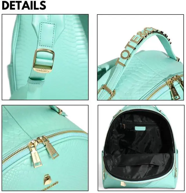 Alt view image 5 of 5 - Tote&Carry Apollo BFF Backpack for Women, Vegan Leather, Water-Resistant, Carry-On Luggage for Travel, Work & Daily Use (Snake Skin Pattern, Mint Green)