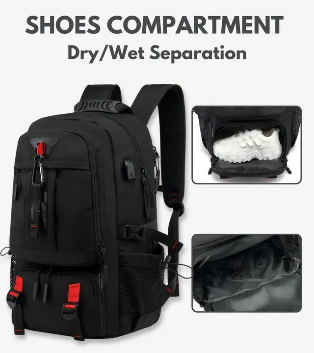 Alt view image 4 of 5 - SecretShushBling Large Laptop Backpack with Shoe Compartment, Waterproof Rucksack 15.6/17 Inch, Travel School Gym Work College Bags for Men (Black, XL(60L))