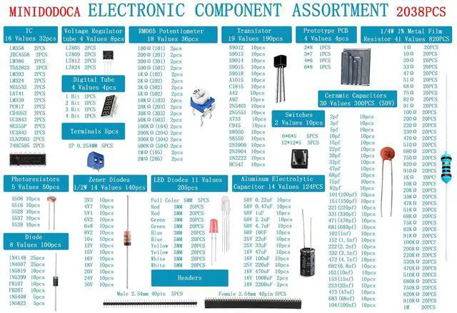 Alt view image 2 of 5 - Minidodoca Electronic Component Kit & Total 2038 Pcs, LED Diodes, Metal Film Resistors, Electrolytic Capacitor Package,Diodes, Ceramic Capacitors,IC,PCB,Digital Tube, Common Transistor Assortment Box