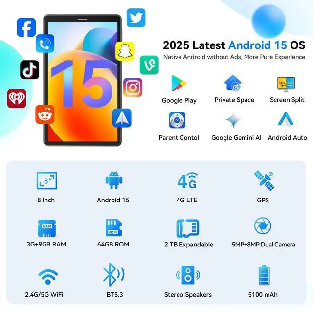 Alt view image 3 of 5 - Topsand 8 Inch Android 15 Tablet with Sim Card Slot Uncloked, Cellular Tablet Phone with 4G LTE, Octa Core,12GB RAM 64GB ROM 2TB TF Expandable, 5G WiFi, 8MP Camera, 5100mAh, Tableta with Case(Blue)