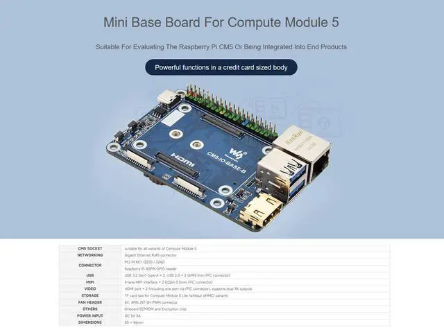 Alt view image 2 of 5 - Mini Base Board for Raspberry Pi CM5 Lite/eMMC, Compute Module 5 Mini IO Board with Gigabit Eth/40PIN GPIO/M.2 M Key/USB 3.2/USB 2.0/HDMI Interface etc. Onboard EEPROM and Encryption Chip