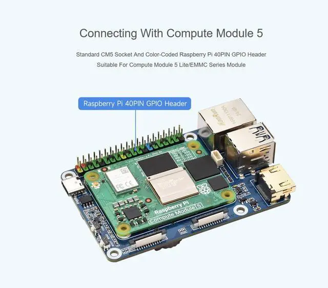 Alt view image 3 of 5 - Mini Base Board for Raspberry Pi CM5 Lite/eMMC, Compute Module 5 Mini IO Board with Gigabit Eth/40PIN GPIO/M.2 M Key/USB 3.2/USB 2.0/HDMI Interface etc. Onboard EEPROM and Encryption Chip