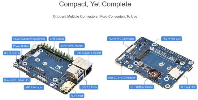 Alt view image 4 of 5 - Mini Base Board for Raspberry Pi CM5 Lite/eMMC, Compute Module 5 Mini IO Board with Gigabit Eth/40PIN GPIO/M.2 M Key/USB 3.2/USB 2.0/HDMI Interface etc. Onboard EEPROM and Encryption Chip