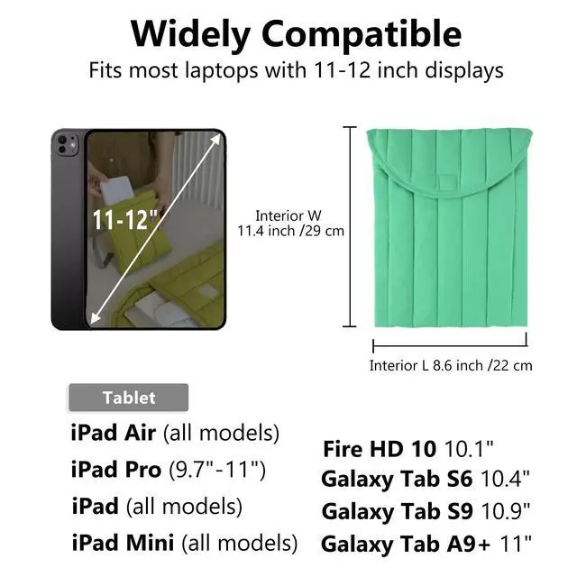 Alt view image 5 of 5 - Puffy Laptop Sleeve 11-12 Inch Light Green, Protective Carrying Case for Men and Women, Cute Case Bag Compatible with 11 and 12 Inch Laptops, 10.9" Ipad 10, 10.2" Ipad 7 8 9 in Cover