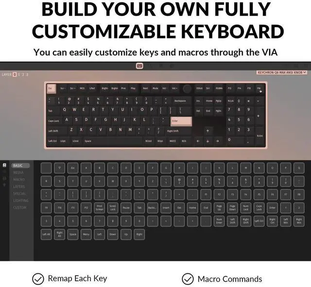 Alt view image 3 of 5 - Keychron Q6 Max 100% Full-Size Layout Custom Wireless Mechanical Keyboard with Knob, QMK/VIA Programmable 1000Hz 2.4 GHz/Bluetooth/Wired RGB Backlit for Mac Windows, Gateron Brown Switch-Carbon Black