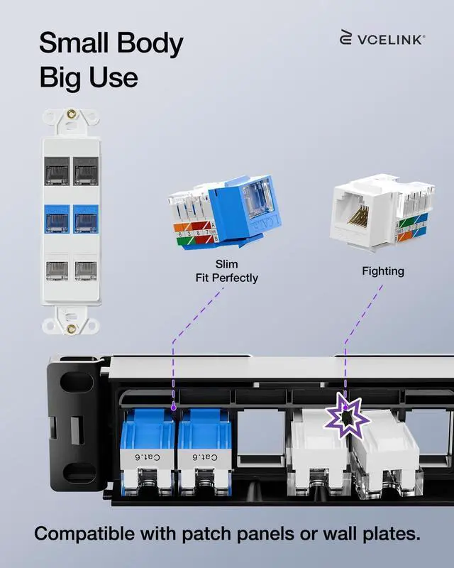 Alt view image 3 of 5 - VCELINK RJ45 Cat6 Keystone Jacks with Dust Cover, Dust-Proof Keystone Jacks, Slim Profile 25-Pack, 90-Degree Punch Down Ethernet Modular Jacks, UTP Keystone Jack Adapter, Blue