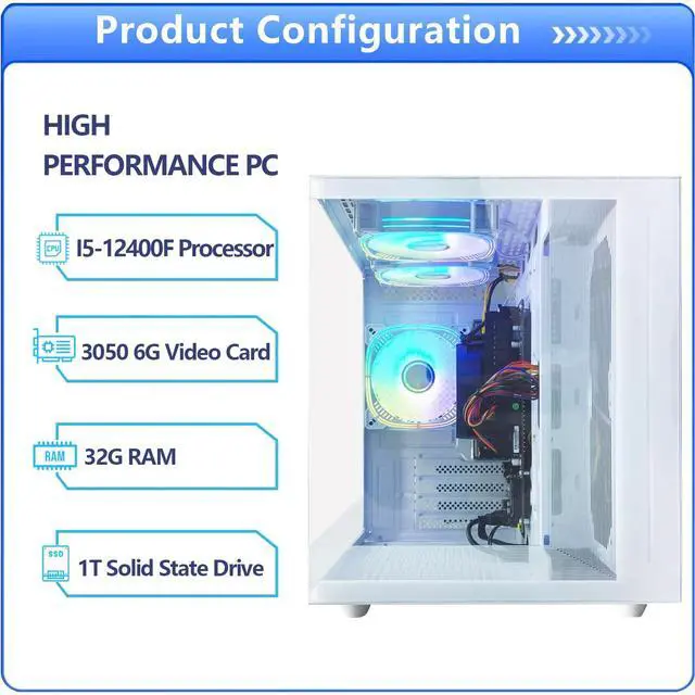 Alt view image 2 of 5 - suevery Gaming PC Core I5-12400F(6Cores Up to 4.4G) RTX 3050 6G Nvme SSD 1TB 32GB RAM 650W WiFi 6 Prebuilt Towers Desktop Computer White