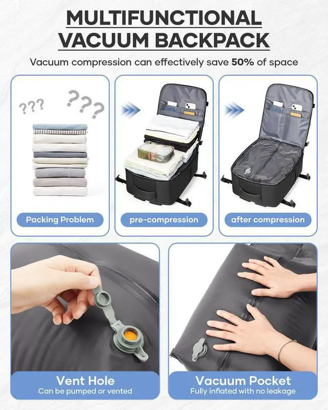 Alt view image 5 of 5 - bergsalz Vacuum Seal Backpack Travel With Pump,Large Carry On Vacpack Backpacks For Women Men,Mochila De Viaje Compresion Al Vacio,Personal Item Travel Backpack With Vacuum System,Black