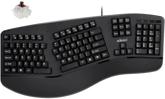 Main image of ADESSO EasyTouch 150 Ergonomic Wired Mechanical Keyboard with Cherry MX Brown Switches, Integrated Palm Rest, Dedicated Copilot AI Hotkey, Full-Sized Layout with Numeric Pad for Comfortable Typing