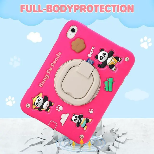 Alt view image 3 of 5 - for iPad (A16) 11th Generation Case Kids, iPad 10th Generation with Screen Protector, Rugged Protective Cartoon 3D Panda Warrior Cover with Rotating Stand/Strap/Pen Slot for Kids Teens (Rose+White)