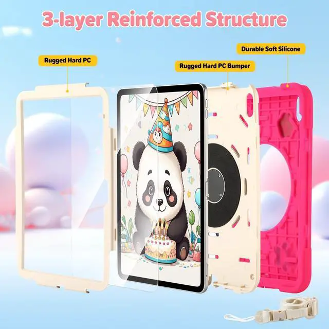 Alt view image 2 of 5 - for iPad (A16) 11th Generation Case Kids, iPad 10th Generation with Screen Protector, Rugged Protective Cartoon 3D Panda Warrior Cover with Rotating Stand/Strap/Pen Slot for Kids Teens (Rose+White)