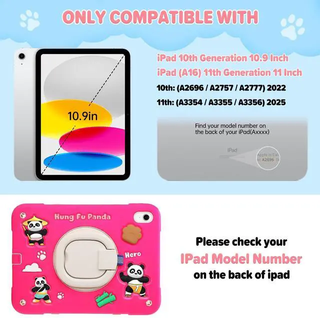 Alt view image 4 of 5 - for iPad (A16) 11th Generation Case Kids, iPad 10th Generation with Screen Protector, Rugged Protective Cartoon 3D Panda Warrior Cover with Rotating Stand/Strap/Pen Slot for Kids Teens (Rose+White)